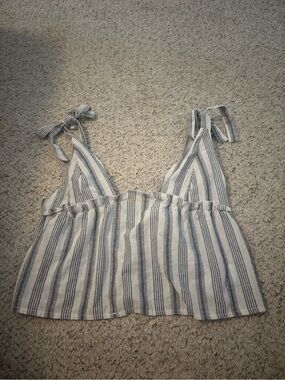 SHEIN White and Blue Striped Tie-Shoulder Crop Top